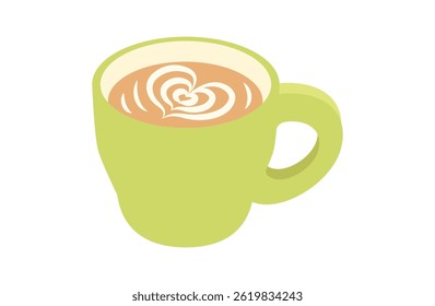 Xícara verde bonito com coração arte em café ilustração plana
