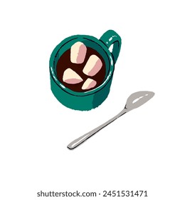 Cute green cup of hot chocolate with marshmallow. Mug of cacao and spoon. Aroma coffee, cozy seasonal warm drink with christmas aesthetic. Flat isolated vector illustration on white background