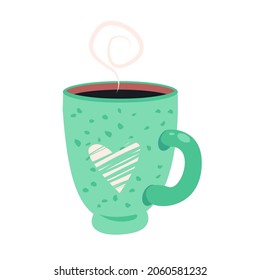 Cute green cup with hot drink. Cartoon art in scandinavian style