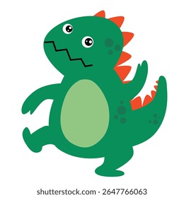 Cute green dino dancing. Flat design. Dinosaur stand on one foot cartoon drawing
