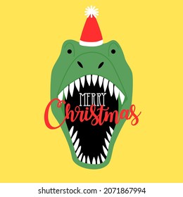 Cute green dino hand drawn illustration in doodle style with Merry Christmas typography design isolated on yellow background  