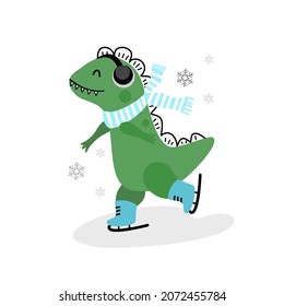 Cute green dino with ice skate shoes hand drawn illustration in doodle style isolated on white background