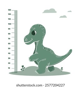 cute green dino measures height. Growth lines with funny animals, gradual child maturation, cute  dinosaur, vector poster