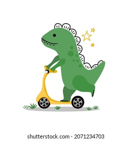 Cute green dino on scooter hand drawn illustration in doodle style isolated on white background 