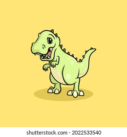 Cute Green Dino T Rex Illustration Design. Dinosaurs Animal Wildlife Concept Illustration Design in Yellow Background