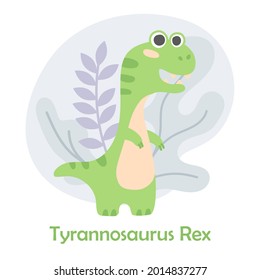 Cute green dino, Tyrannosaurus Rex with blue leaves isolated on white. Vector illustration for postcard, banner, decor, design, arts, web, calendar, advirtising.