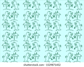 Cute green dinos and palms on blue background. Seamless pattern for baby boy fashion. Ready for print on fabrick, paper.