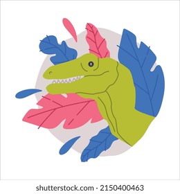 Cute Green Dinosaur Animal Peeking Out of Round Hole with Colorful Foliage Vector Illustration