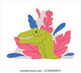 Cute Green Dinosaur Animal Peeking Out of Triangle Hole with Colorful Foliage Vector Illustration