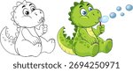 Cute green dinosaur blowing bubbles in playful style, includes colored and outline vector versions.