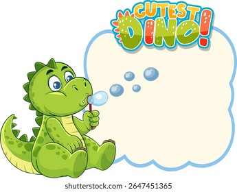 Cute green dinosaur blowing bubbles with playful expression. Bright colors and cartoon style create a cheerful, whimsical scene