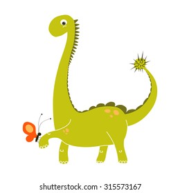 Cute green dinosaur cartoon holding a small red butterfly. Vector EPS 10 dino doodle set