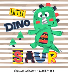 Cute green dinosaur cartoon on striped background illustration vector. T-shirt design for kids.