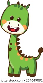 Cute green dinosaur cartoon vector with big smile and playful demeanor, perfect for children’s books, nursery decor, educational materials, party invitations, stickers, print banners, and baby-friendl