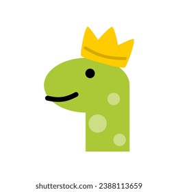 Cute green dinosaur with crown cartoon doodle icon flat vector design