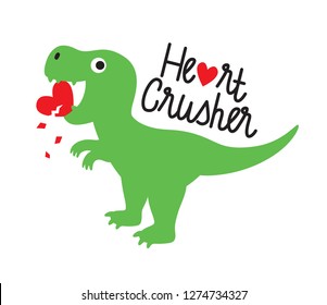 Cute Green Dinosaur Crushing Heart. Valentine Dinosaur Vector Illustration.
