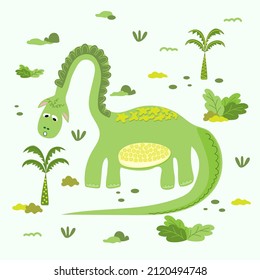 Cute green dinosaur drawn in children's style with decorative elements. Brontosaurus, diplodocus, brachiosaurus for printing on kids things. Trendy vector drawing style