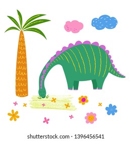 Cute green dinosaur eating grass. Brachiosaurus. Funny animal. Vector background. Childish hand drawn illustration. Character for kids. Pencil texture. Palm and flowers.