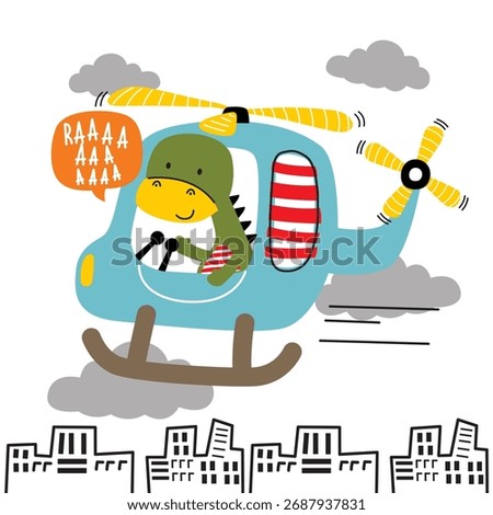 Cute green dinosaur flying blue helicopter above city buildings in cloudy sky for children cartoon design. Aviation concept
