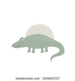 Cute green dinosaur isolated on white bacground. Cartoon funny character vector illustration. Hand drawn kids card