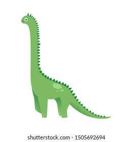 Cute green dinosaur long necked cartoon flat illustration in childish style isolated on white background. The prehistorical animal or monster reptile icon.