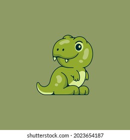 Cute Green Dinosaur Looking Back and smile Vector Logo Illustration. Flat Outline Style