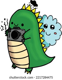 Cute green dinosaur loves to take pictures. and the little cloud-loving friend who always follows him