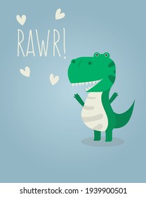 cute green dinosaur roar or screaming or shouting rawr. vector eps 10 illustration