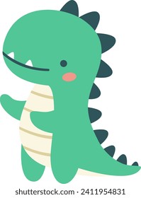 Cute green dinosaur in simple child style on white background, flat vector illustration  