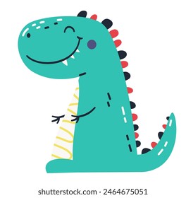 Cute green dinosaur in simple child style on white background, flat vector illustration 