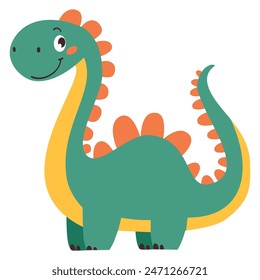 Cute green dinosaur in simple child style on white background, flat vector illustration 