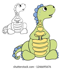 Cute Green Dinosaur Is Sitting And Looking Up On The White Background, Children`s Coloring Book, Page, Funny Dino, Vector Line Art, Black Color Outline, Kid`s Illustration