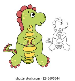 Cute green dinosaur is standing and looking to the right on the white background, children`s coloring book, page, funny dino, vector line art, black color outline, kid`s illustration