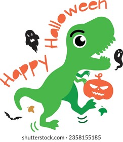 Cute green dinosaur t rex holding a pumpkin and roaring for Halloween party. Vector Illustrator