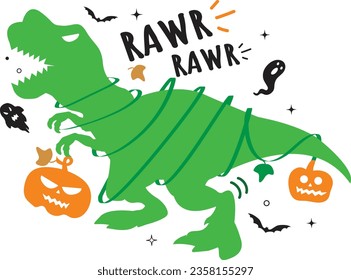 Cute green dinosaur t rex holding a pumpkin and roaring for Halloween party. Surrounded by vines, bats, and stars. Vector Illustrator.