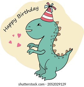 Cute Green Dinosaur toy party, Happy birthday, little Dino in cartoon style