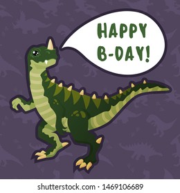 Cute green dinosaur wishes happy birthday, comic book greeting card. On a dark background with a seamless dinosaur pattern. For the holiday decoration.