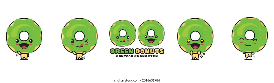 cute green donuts mascot, food cartoon illustration, with different facial expressions and poses, isolated on white background