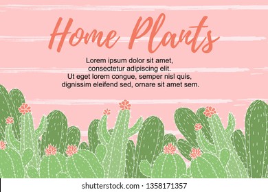 Cute green doodle cactus vector poster. Mix cactus on hand drawn stripes pink pastel background. Home plants with print for text