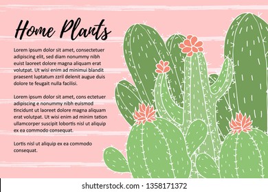 Cute green doodle cactus vector poster. Mix cactus on hand drawn stripes pink pastel background. Home plants with print for text