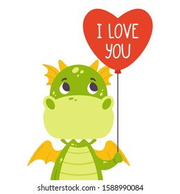 Cute green dragon with balloon in shape of heart and hand drawn lettering quote - I love you. Valentines day greeting card. Vector illustration isolated on white background for print, card and poster.