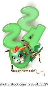 Cute green dragon, balloons and numbers 2024. Vector illustration