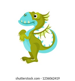 Cute green dragon with blue belly and muzzle. Fantastic animal with small wings and long tail. Flat vector icon