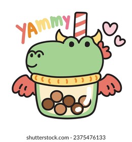 Cute green dragon bubble milk tea with yummy text and heart on white background.Jurassic animal character cartoon design.Sweet drinking.Kawaii.Vector.Illustration.