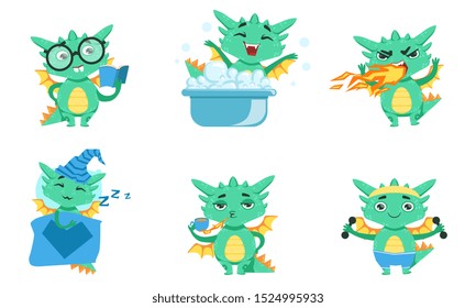 Cute Green Dragon Cartoon Character in Different Situations Set, Funny Fantastic Creature Animal Vector Illustration