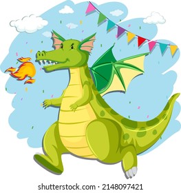 Cute green dragon cartoon character illustration