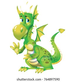 Cute green dragon cartoon isolated on white vector illustration.