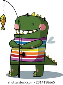 cute green dragon is catching fish