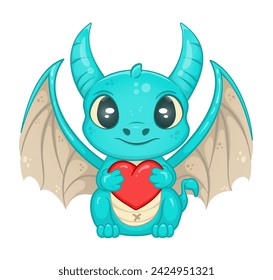 Cute green dragon character with a heart. The little dragon holds a red heart in its paws. Cartoon style. Relationship concept. Design for stickers, children's room, coloring books, greeting cards.