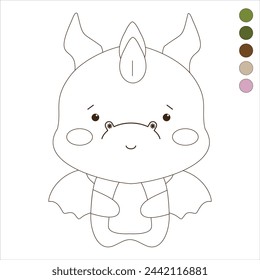 Cute green dragon coloring in cartoon style, smiling, symmetry, vector, lines with color swatches for shading